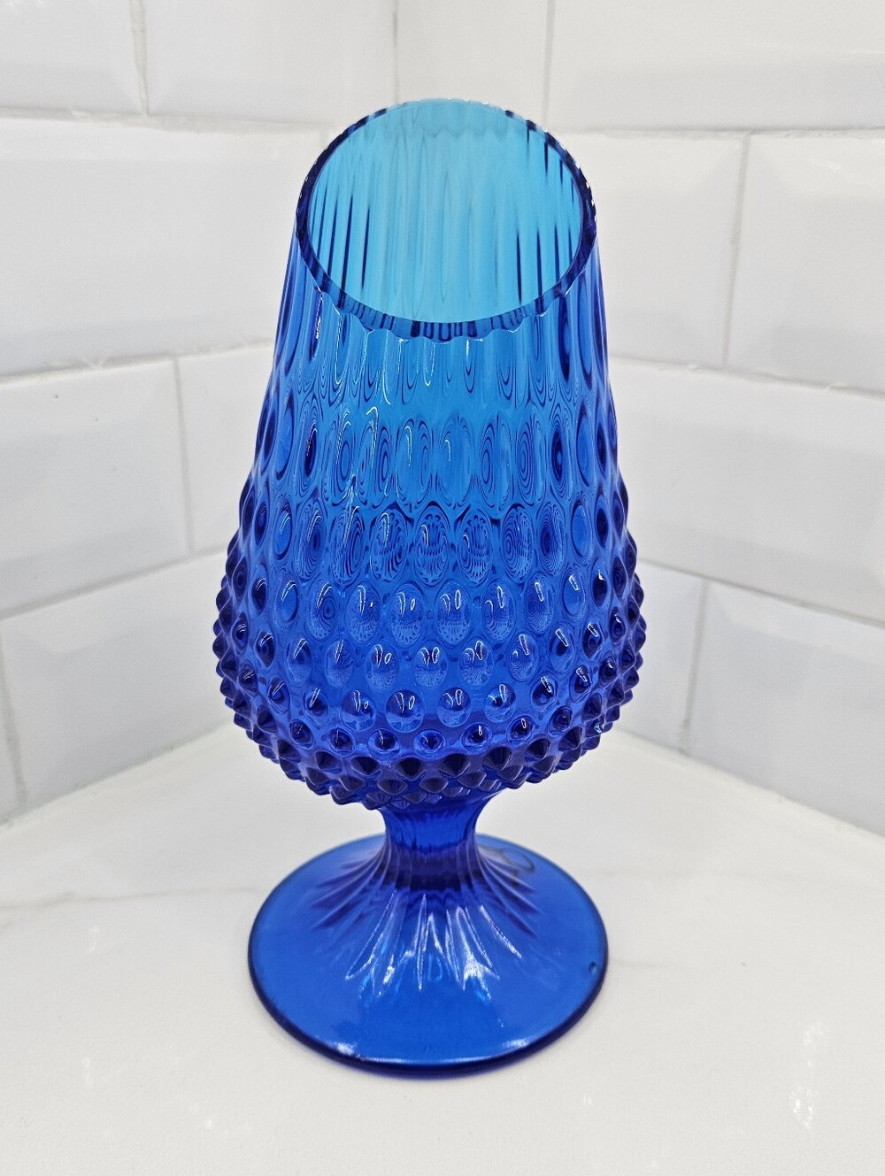 Fenton Art Glass Colonial Blue Hobnail Pedestal Vase Bias Cut 9.5" MCM 60s/70s